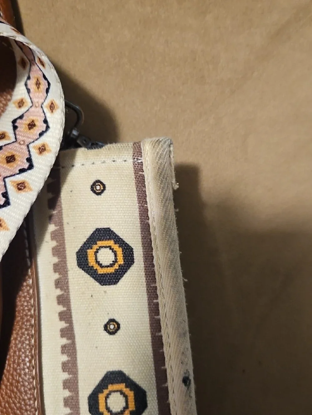 Aztec-Print Brown & Cream Satchel with Pink Accents